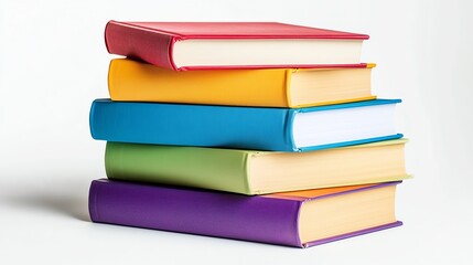 Colorful stacked books on a white background.
