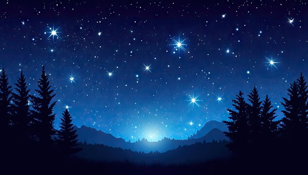 Night sky over a mountain forest. Silhouettes of pine trees and mountains against a starry night