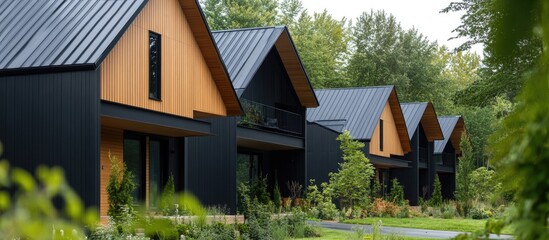 Modern homes with dark exterior and light wood accents. Row of contemporary houses nestled amongst trees
