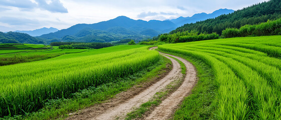 Fototapeta premium Lush Green Rice Field Pathway Surrounded by Mountains Under a Cloudy Sky