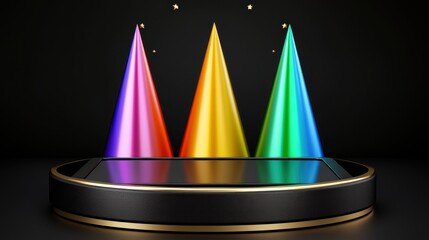 Iridescent Cones on Black Platform Modern Minimalist Product Display
