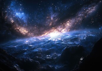 Cosmic panorama over a distant world. Vast, star-studded expanse.  Galaxy's glow over rugged alien landscape