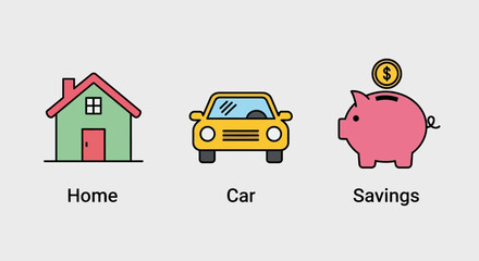Budget Planning Icons for Home, Car, and Savings – Flat Vector Illustration