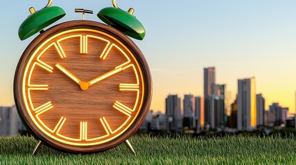 Large Wooden Alarm Clock on Grassy Field Against City Skyline at Sunrise