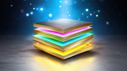 Layered Illuminated Cube with Neon Colors on Dark Textured Surface