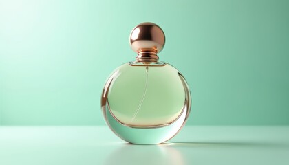 Obraz premium Elegant perfume bottle with rose gold cap on pastel green background. Transparent glass container. Fashionable design for cosmetic, beauty product, perfume shop, marketing advertisement.