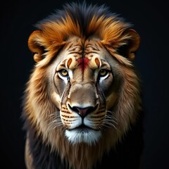 Fototapeta premium Majestic lion stares directly. Powerful predator in wild. Courageous, dominant animal with battle scars on face. Close-up portrait highlights intensity in eyes. Regal, king, pride concept.