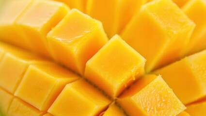 Fresh mango fruit, cut into vibrant yellow cubes, showcases juicy texture and natural sweetness, perfect for healthy snacks or tropical dishes, emphasizing freshness and flavor