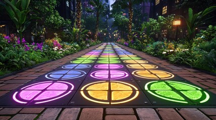 Luminous Circular Pathway in a Vibrant Night Garden