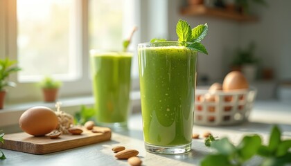 Fototapeta premium Refreshing green smoothie with mint leaves, almonds in sunlit kitchen. Healthy drink, packed vitamins, antioxidants. Fresh homemade beverage, nutritious, energy boost for fitness lifestyle. Perfect