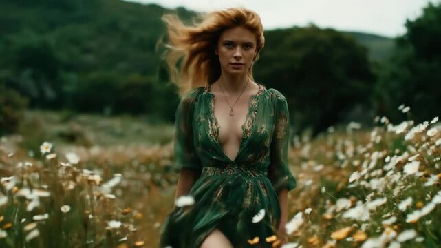 Woman in green dress with flower field.
