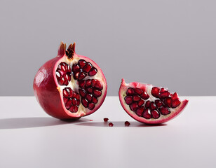 A red pomegranate cracked open showing the seeds inside, isolated on clean background, sharp detail
