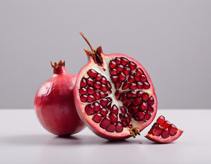 A red pomegranate cracked open showing the seeds inside, isolated on clean background, sharp detail