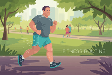 Overweight Man Jogging in Park for Health and Fitness Motivation