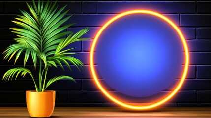 Luminous Neon Circle and Tropical Plant Against Dark Brick Wall