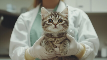 Cat visiting vet for regular checkup, kitten on veteranian