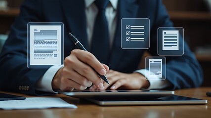 Businessperson digitally reviewing and signing documents on a tablet using a pen