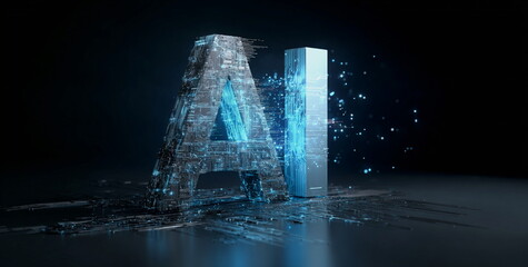 Futuristic 3D illustration of a human brain with glowing AI letters, symbolizing artificial intelligence, technology, and innovation.