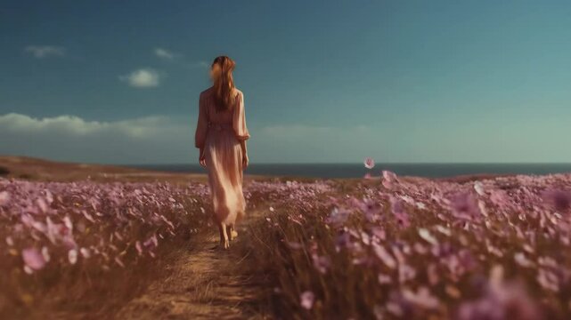 Woman walking coastal flower field.