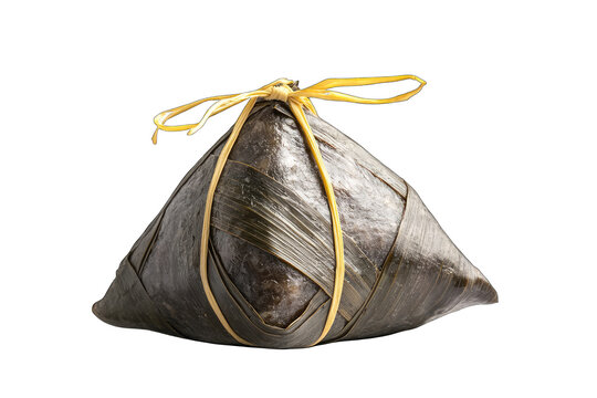 Dark, triangular food wrapped in leaves, tied with string