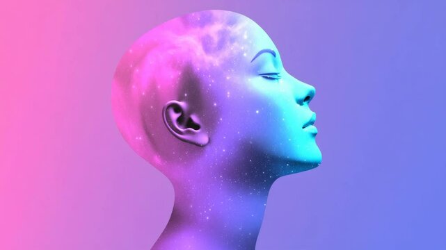 A side profile of a woman's head with a cosmic galaxy overlay, in a vibrant gradient. The style is surreal, resembling a video game aesthetic. Live desktop wallpaper.
