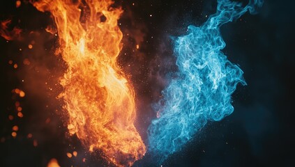 Fiery orange and icy blue flames clash against a dark background