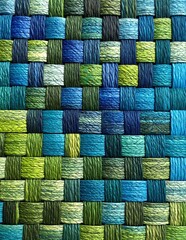 A close-up view of intricately woven fabric showcasing vibrant shades of blue and green, highlighting the texture and patterns in exquisite detail.