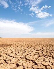 A vast, arid desert landscape featuring rugged rocks scattered across the sun-baked earth, with patches of dry dirt and sparse vegetation under a clear blue sky.