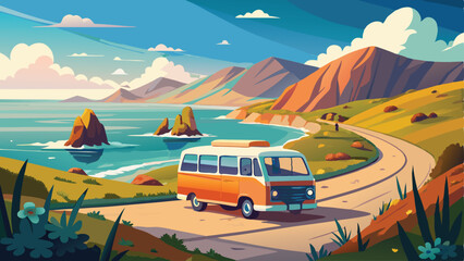 Scenic road trip illustration featuring a vintage bus traveling through a coastal landscape