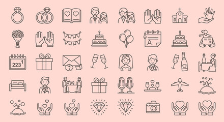 Collection of Line Art Wedding Icons and Symbols