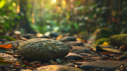 Close-up of a rock in the middle of forest, stage for product photography, green theme