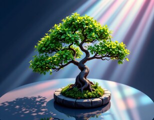 Luminous Bonsai Tree on Reflective Surface