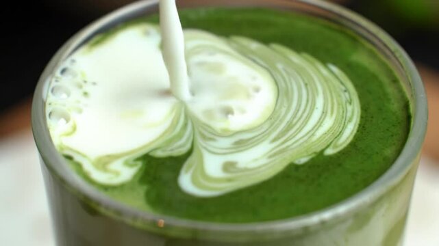 Healthy breakfast low sugar concept. A creamy matcha beverage with intricate swirling patterns created by pouring steamed milk on top of a vibrant green foam