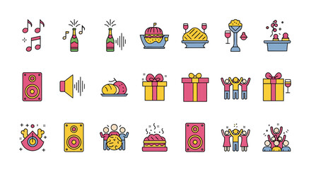 Colorful Celebration Icons: Music, Food, Gifts, and Party People