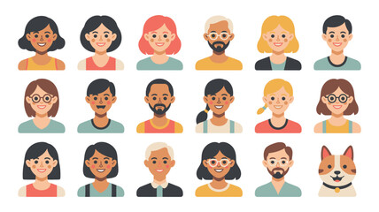 Collection of Diverse Illustrated Human Faces and a Dog