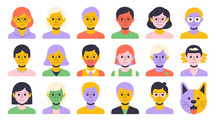 Diverse group of stylized people and a cat head with transparent background