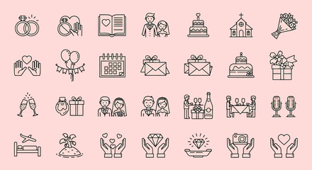 Collection of Line Art Wedding Icons and Symbols
