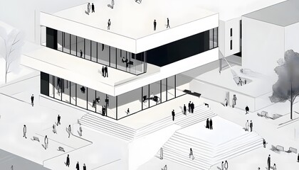 Architectural illustration of a modern building complex with people.