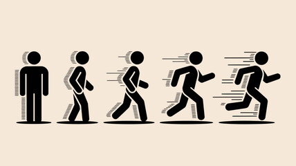 Stick Figure Progression: Standing, Walking, Jogging, and Running Sequence