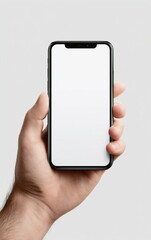 Close-up of a hand holding smartphone with empty screen, symbolizing mobile app development, user interface, and digital product design.