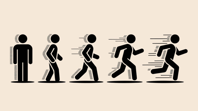 Stick Figure Progression: Standing, Walking, Jogging, and Running Sequence