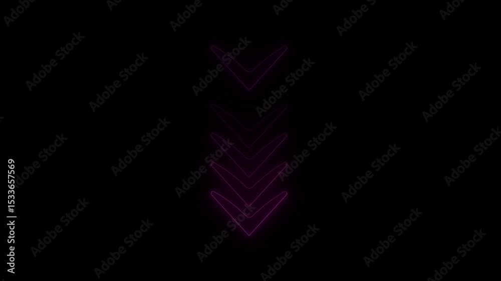 Poster animated neon light arrow pointing downward against a black background for digital design. glowing d