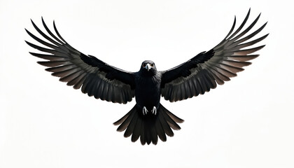 Fototapeta premium Black falcon spreads wings isolated on white background. Bird in flight, eagle or crow, strong wings, feathers visible. Predatory bird, nature, wildlife, visual illustration for design.