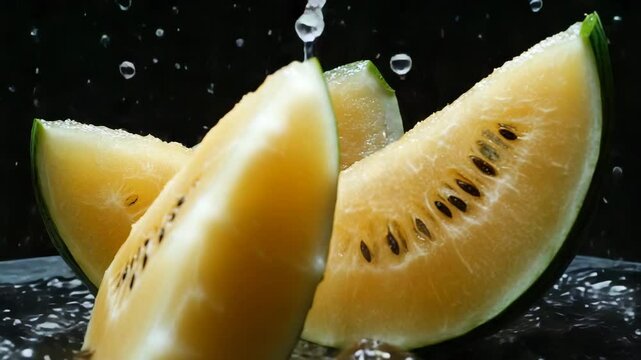 Bitter melon slices breaking water surface, inner patterns and droplets lit vividly on black background