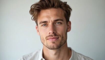 Obraz premium Headshot of handsome caucasian man with modern hairstyle on white background. Attractive young guy with stylish beard looks at camera. Studio shot of male model, beauty, grooming, haircare, skin care.