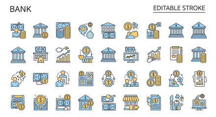 Fototapeta premium Bank and Finance Icon Set with Editable Stroke, Outline Style