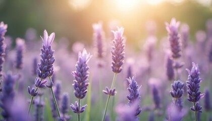 Fototapeta premium Lavender flowers in garden. Pastel colors of purple, pink and green. Blurred background. Floral natural eco background. Summer season. Wellness, aromatherapy, medicine concept.