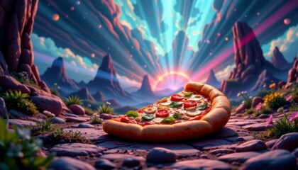 A Slice of Pizza on a Stone Path in a Vibrant Fantasy Landscape at Sunset