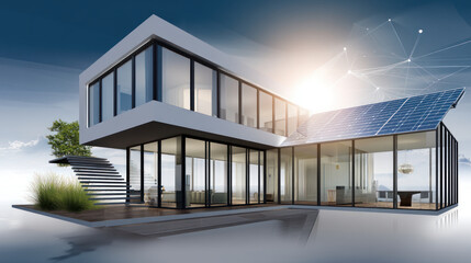 solar panels, photovoltaics roof of a house and a beautiful skyn. Alternative electricity source. Concept of sustainable resources. super modern, modernized and cozy house in the nature