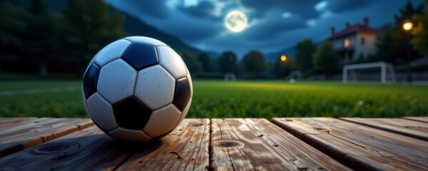 Worn Soccer Ball on Wooden Planks at Night Under a Bright Moon